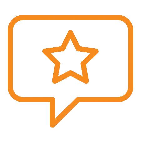 Orange speech bubble with star icon representing patient reviews and testimonials for Cooper Family Dentistry.