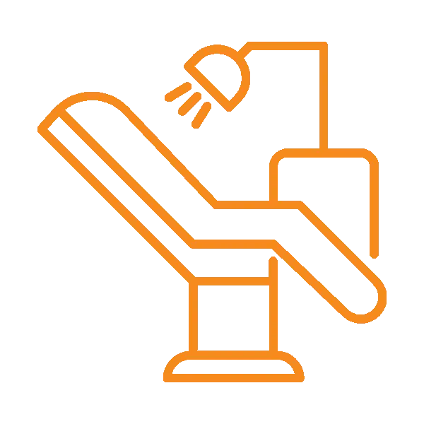Dental chair with overhead light and equipment in orange line illustration style.