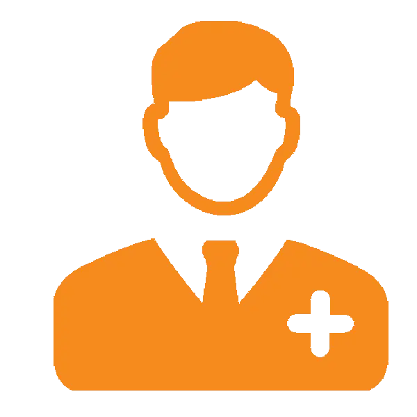 Orange icon of a male dentist with a medical plus symbol on chest