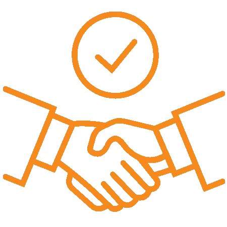 Handshake with checkmark icon representing trusted dental partnership and quality service agreement.