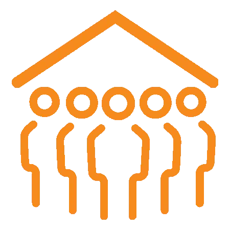Orange icon showing five people under a house roof, representing family dental care and community.