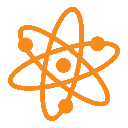 Orange atom symbol with nucleus and orbiting electrons representing science and dentistry.