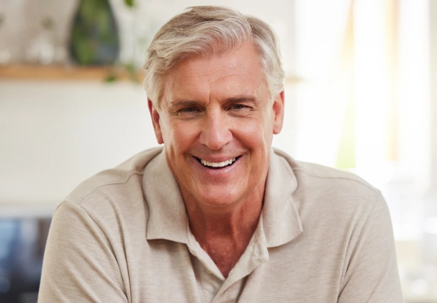 Smiling mature man in casual beige shirt, indoor home setting with blurred background.